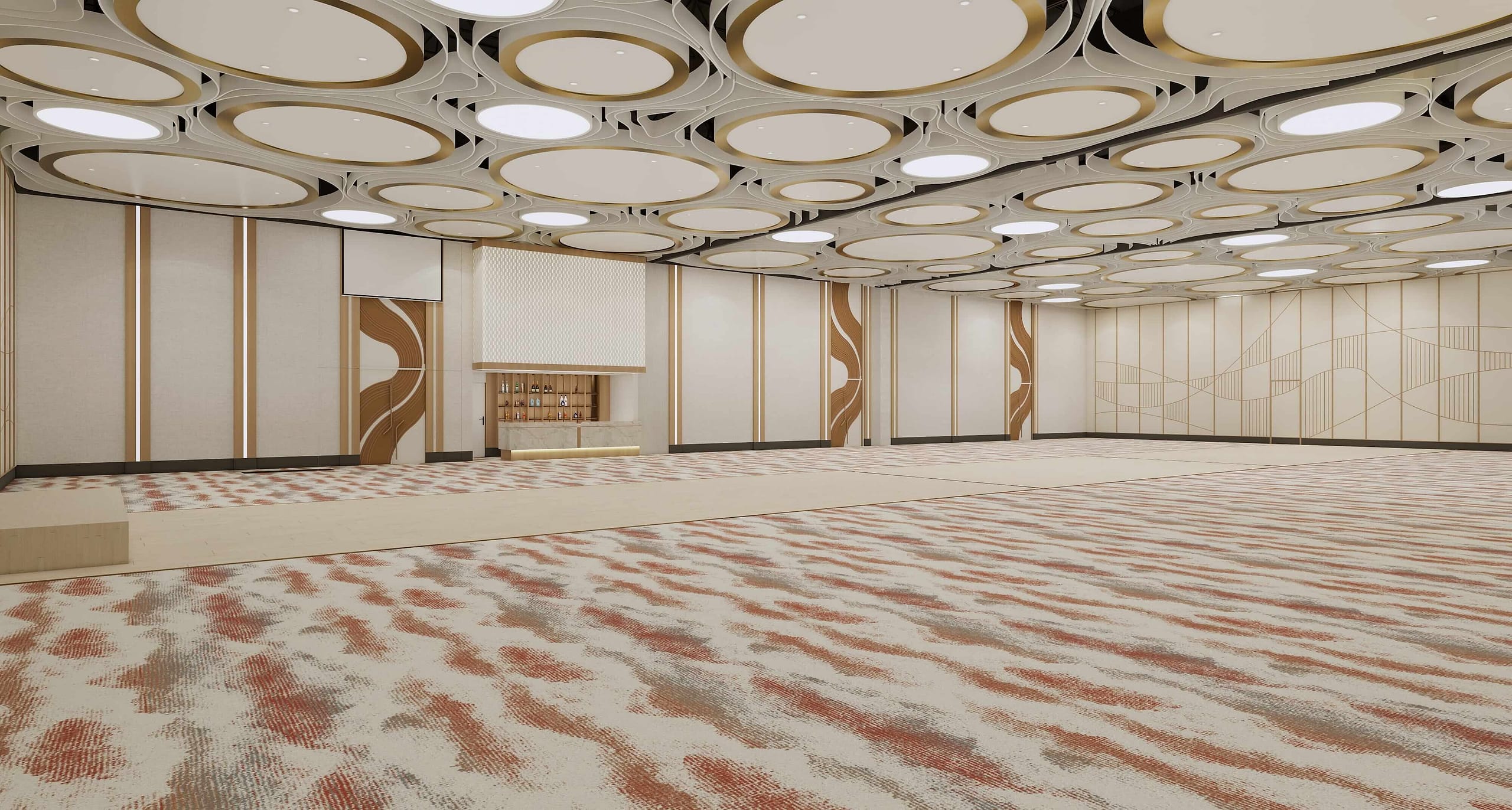 Concept rendering of the empty Velora main hall stretching to the far wall, its disc-lit ceiling reflected along an open dance floor.