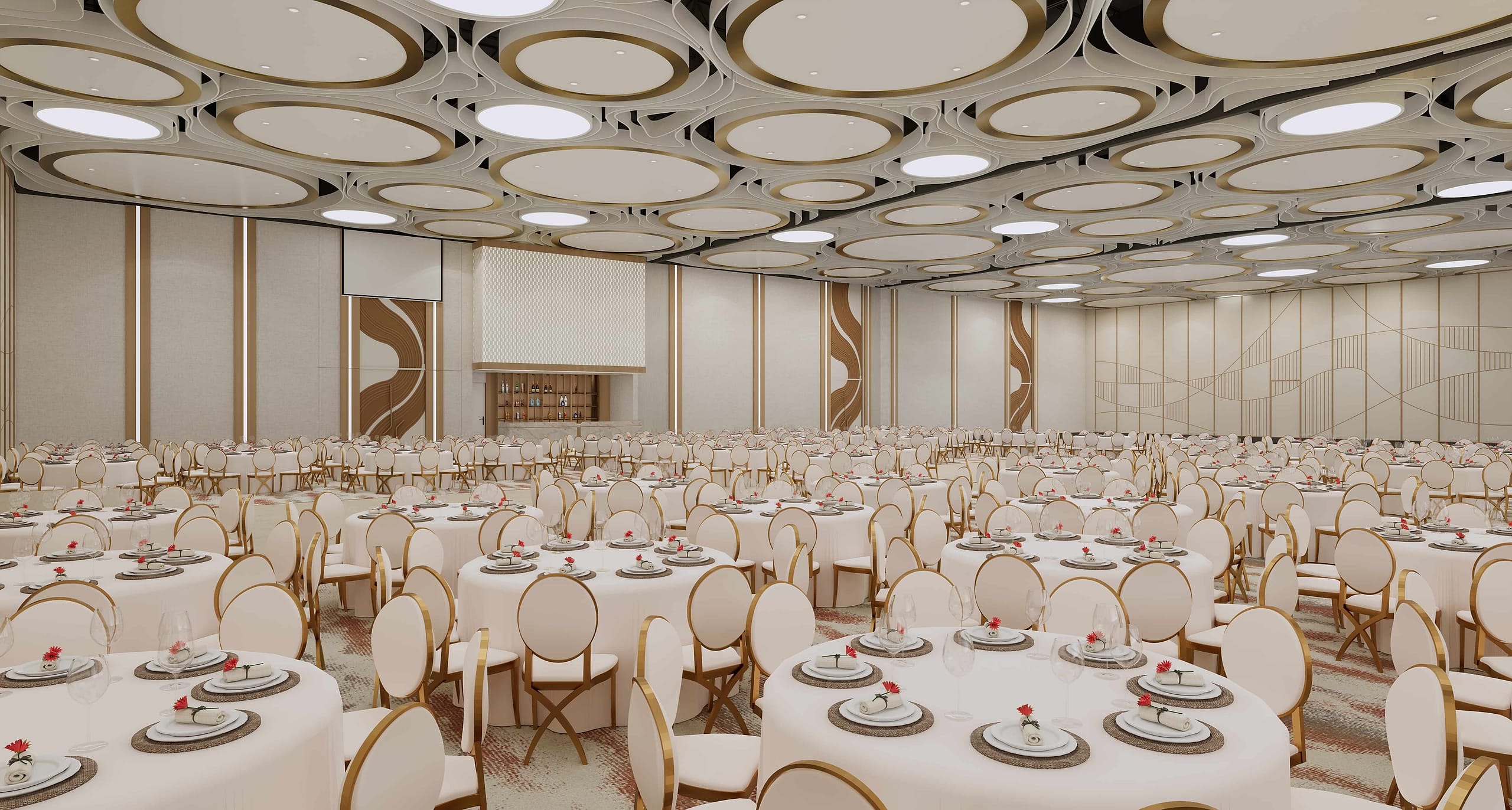 Concept rendering of the Velora main hall set for a banquet: dozens of round tables in ivory linen with gold-framed chairs, receding beneath a ceiling of overlapping illuminated discs.