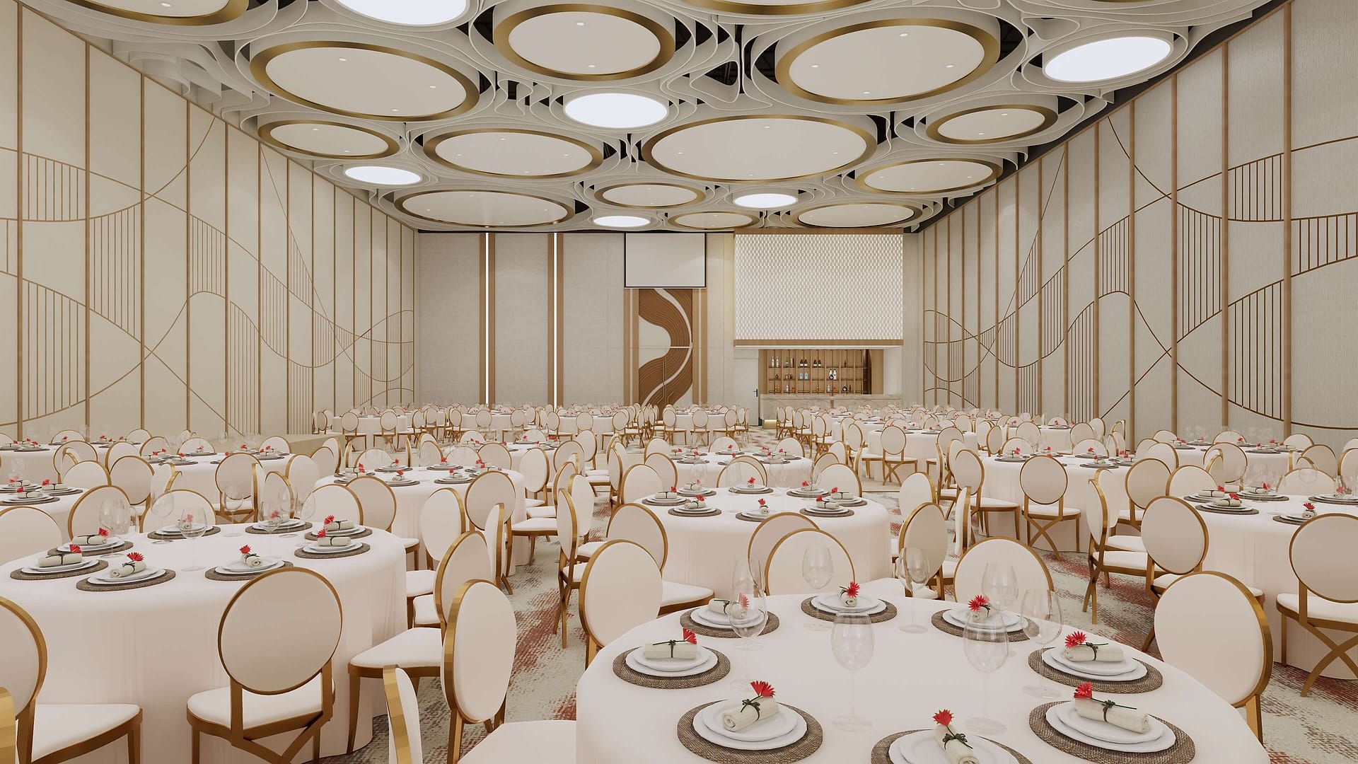 Concept rendering of the Velora main hall in banquet configuration, seen head-on, with gold linework panels running the full height of both side walls.