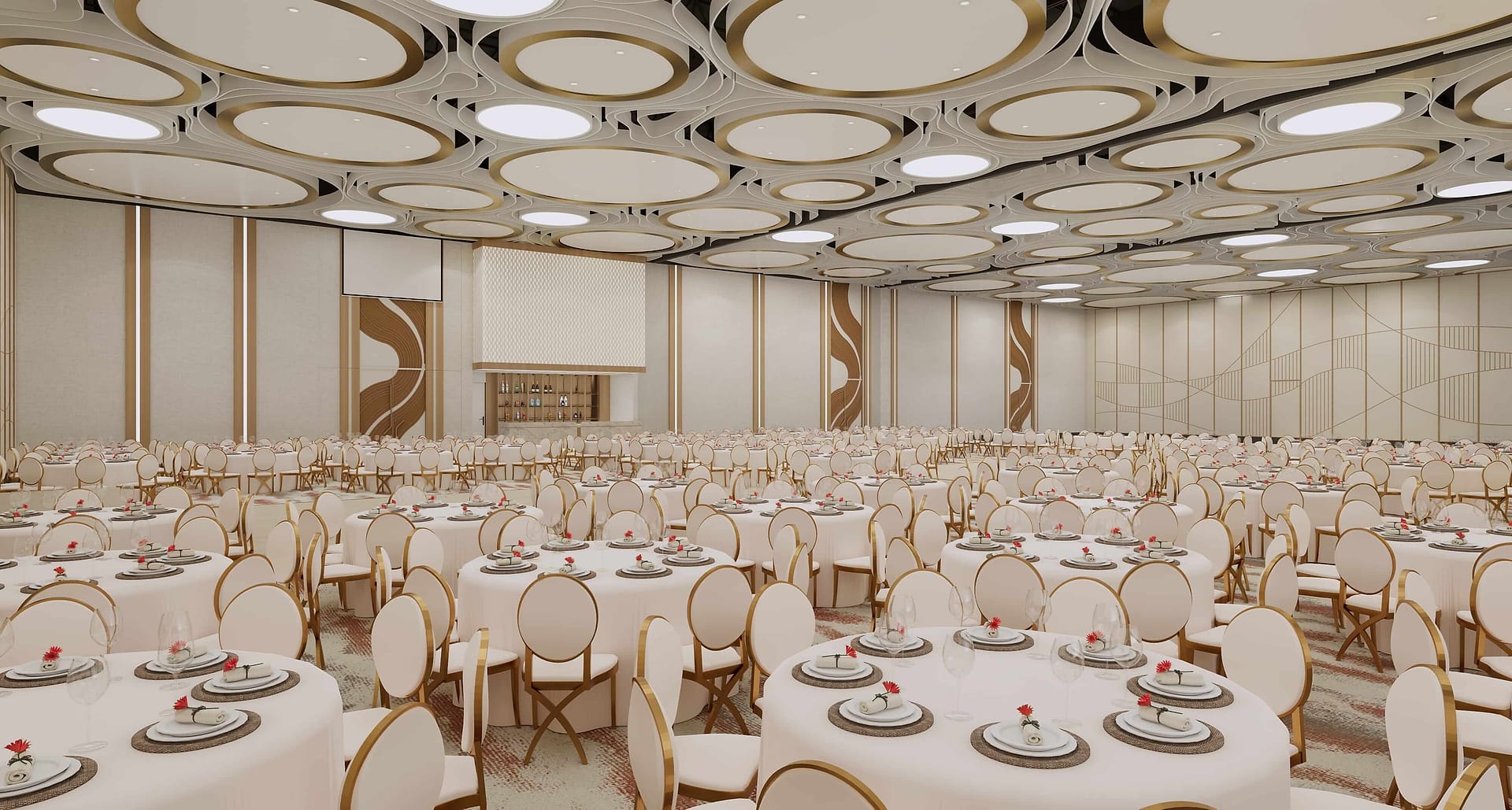 Concept rendering of the Velora main hall at full banquet capacity, tables extending toward a bar and screen at the far end of the room.
