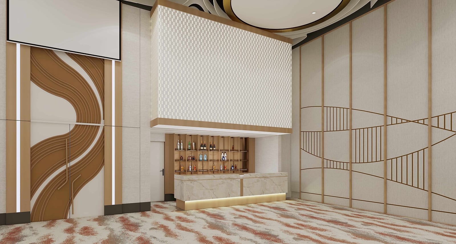 Concept rendering of the bar in the Velora main hall: a backlit marble counter under a woven-pattern canopy, beside a carved timber wave panel.