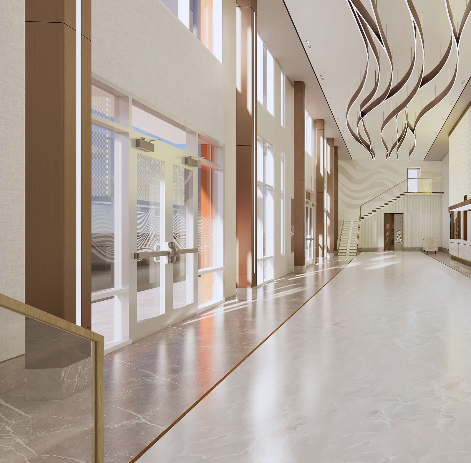 Concept rendering of the Velora entrance hall: full-height glazing throwing daylight across a marble floor, with sculptural ribbon pendants overhead.