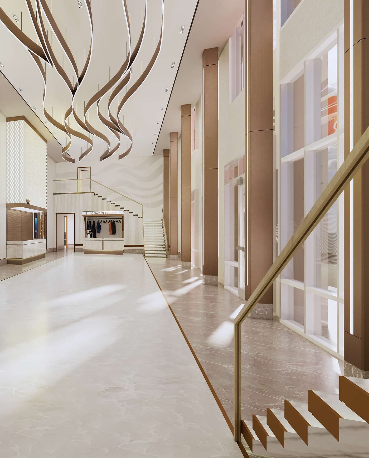 Concept rendering of the Velora entrance hall looking toward the coat desk and open stair, beneath a cluster of ribbon pendant lights.