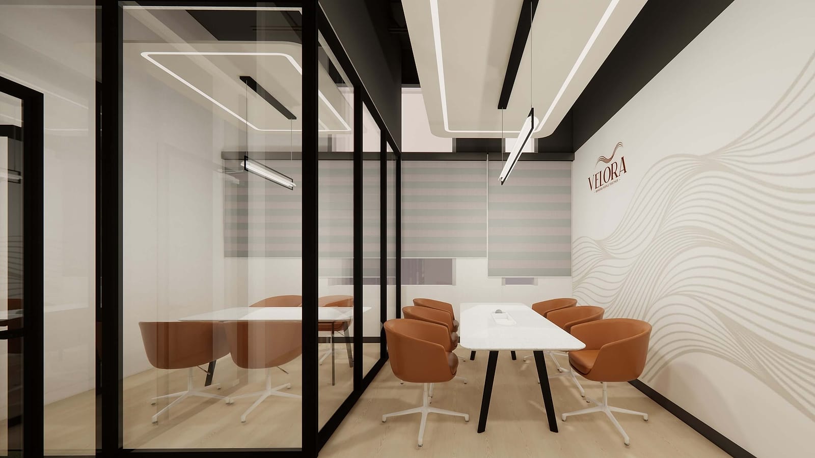 Concept rendering of a Velora meeting room: a glass-partitioned boardroom with tan leather chairs and the Velora wordmark on the end wall.