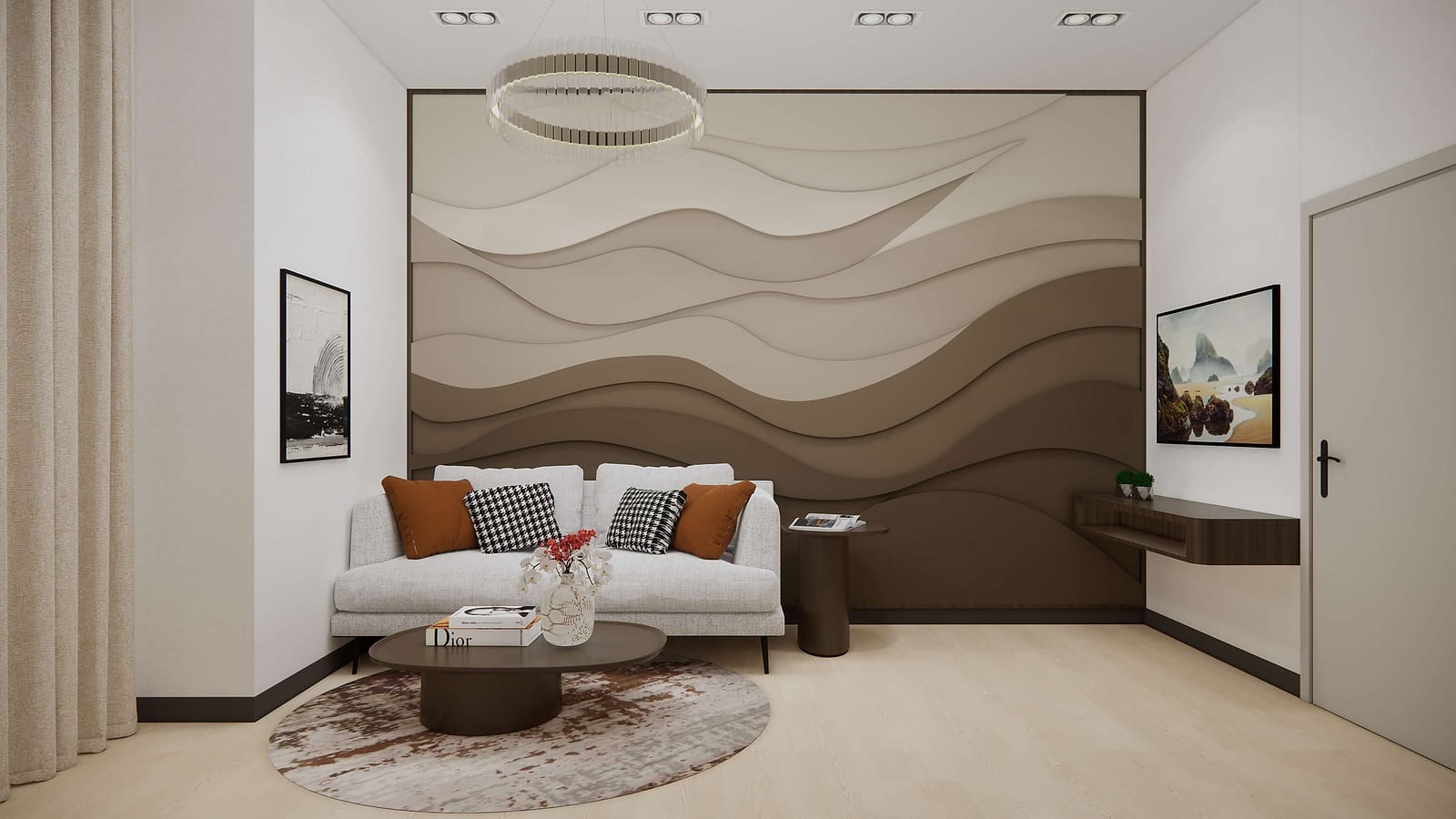Concept rendering of the private suite at Velora: a sculpted wave feature wall in layered sand tones behind a pale sofa and a ring pendant light.