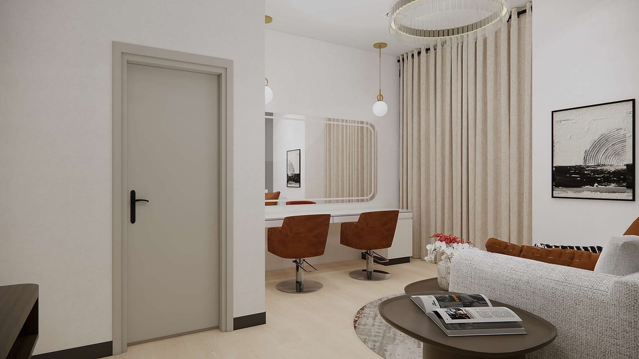 Concept rendering of the getting-ready area in the Velora private suite: a mirrored vanity with two chairs beside floor-length curtains.