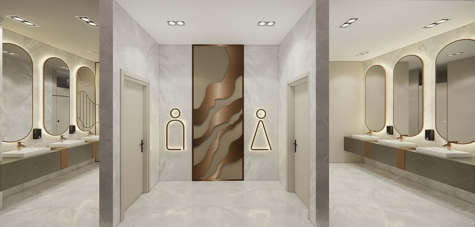 Concept rendering of the Velora washrooms: marble walls and floor, arched backlit mirrors, and a bronze wave relief panel between the entrances.